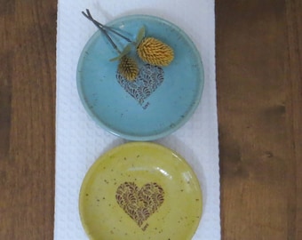 Wee Plate Set of 2 - Handmade Stoneware Ceramic Pottery - Blue Celadon and Sun Yellow - Heart