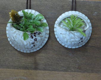 Teeny Wee Air Planter Set of 2 - Handmade Stoneware Pottery Ceramic - White - Vines