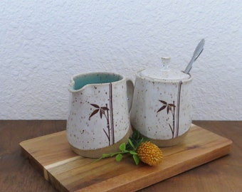 Sugar and Creamer Set - Handmade Stoneware Ceramic Pottery - White and Blue Celadon - Bamboo - 10 ounce