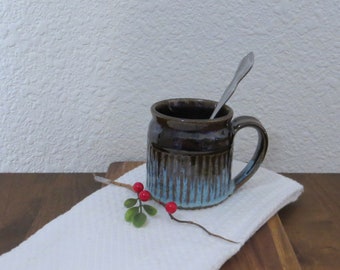 Stoneware Mug Cup - Classic Brown and Icy Blue - 10 ounce