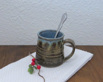 Stoneware Mug Cup - Burnt Iron Brown and Icy Blue - 10 ounce