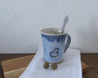 Mug Cup - Handmade Stoneware Ceramic Pottery - Sky Blue and White - Dog Love - 10 ounce