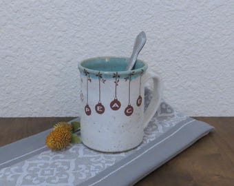 SALE - Mug Cup - Handmade Stoneware Ceramic Pottery - Satin White and Blue Celadon - Holiday Ornaments - 14 ounce