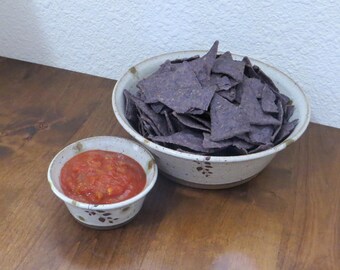 Chip and Dip Bowl Set of 2 - Handmade Stoneware Pottery Ceramic - Speckled White - Vines