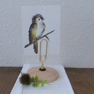 May include: A watercolor painting of a brown and white bird with a spiky crest perched on a branch. The painting is displayed on a wooden stand with a gold metal clip.
