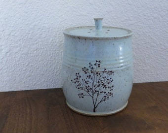Compost Crock - Handmade Stoneware Pottery Ceramic - Hinting Blue and White - Tree - 1-1/2 Quart
