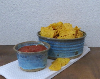 Chip and Dip Bowl Set of 2 - Handmade Stoneware Ceramic Pottery - Icy Blue