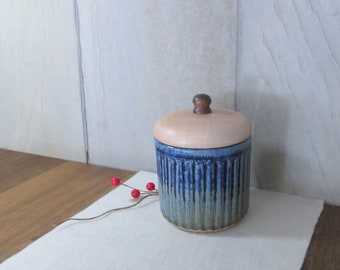 Stoneware Canister Storage Container - Ocean Blue - Maple Lid - 12 ounces