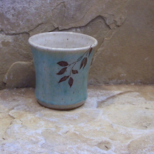 Leaves on Blue Celadon Stoneware Ceramic Pottery Mug