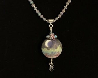 Swarovski Crystal and Lampwork Beaded Dangle Necklace  ooak   ready to ship  handmade  moon galaxy  outer space