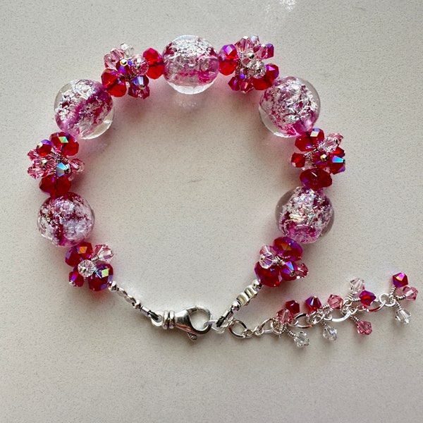 Swarovski Crystal and Lampwork Beaded Pink White and Glitter Bracelet ooak handmade ready to ship gift srajd mothers day wedding birthday