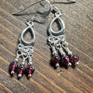 Rhodolite Garnet Gemstone Dainty Beaded Dangle Earrings ooak handmade ready to ship gift srajd