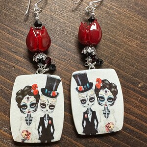 Lampwork Swarovski Crystal and Porcelain Day of the Dead Dangle Earrings ooak handmade ready to ship halloween fall gift