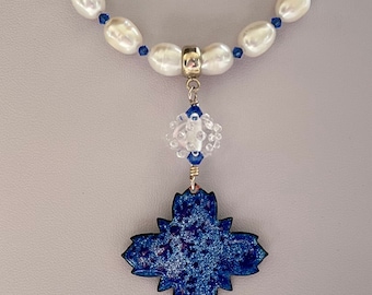 Swarovski Crystal and Freshwater Pearl Necklace with Lampwork Bead and Blue Enameled Charm  ooak handmade ready to ship srajd gift