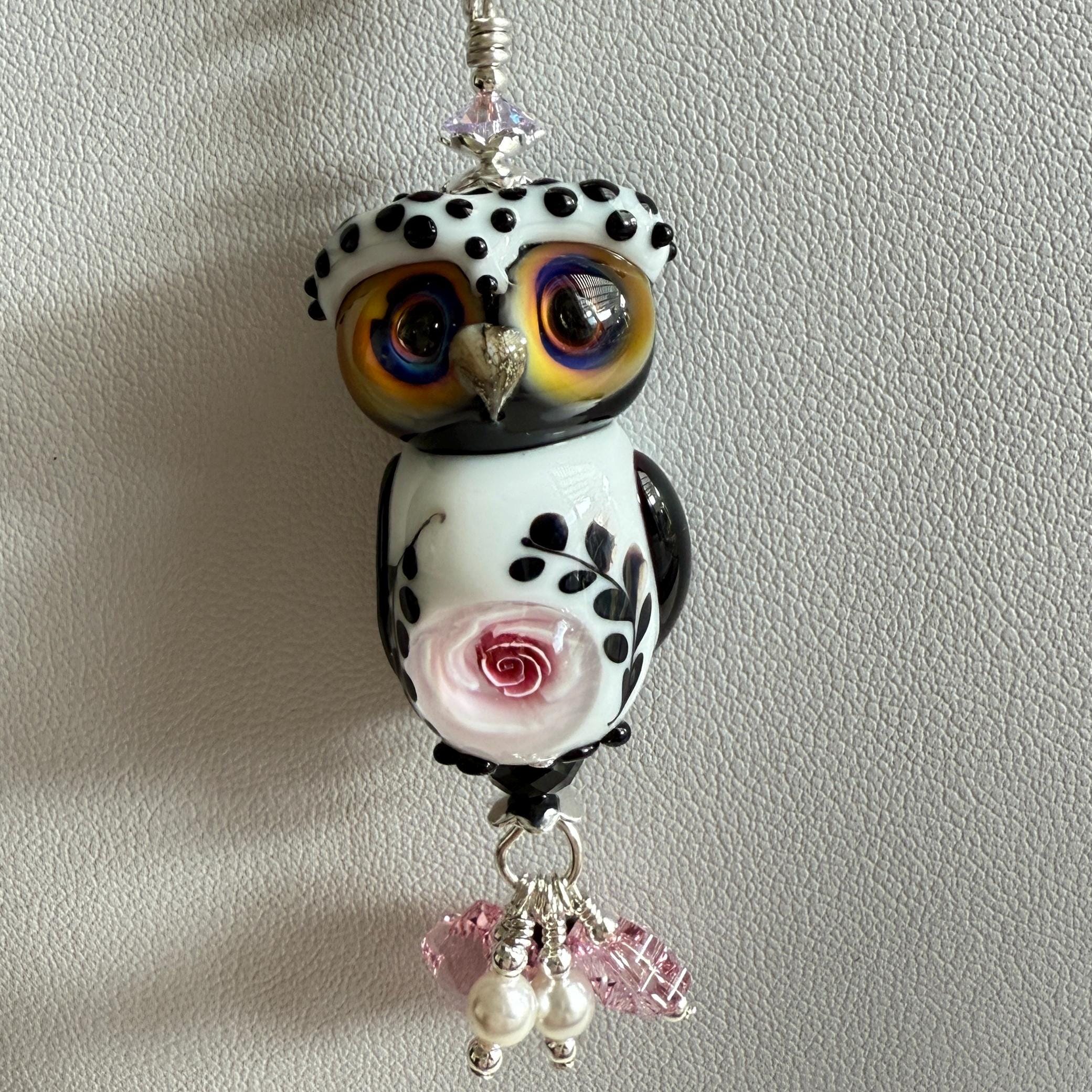 Swarovski Crystal Kunzite Lampwork Beaded Owl Necklace ooak handmade ready to ship nature wildlife v