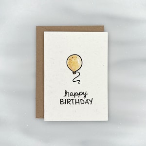 May include: A simple birthday card with a yellow balloon and the text "happy birthday" in black.