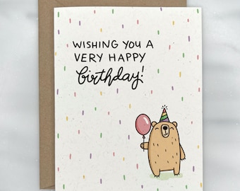 Friendly Bear with a Balloon Happy Birthday Card - Cute Animal Birthday Card | Premium Textured, 100% Recycled, GIVES BACK