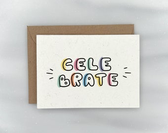 Celebración colorida: minitarjeta con caja de regalo, textura premium, 100 % reciclada, DEVOLUCIÓN