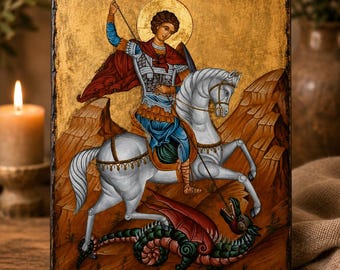 Byzantine Orthodox Icon, Saint George Slaying Dragon Wall Art