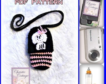 Skull Cell Phone Pouch, (Camera, Bottle, case, cozie, holder) Crochet Pattern, PDF 009 Not a finished product.