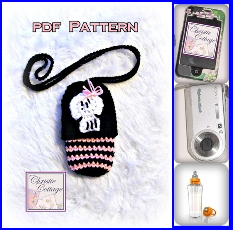 Skull Cell Phone Pouch, Camera, Bottle, case, cozie, holder Crochet Pattern, PDF 009 Not a finished product. image 1
