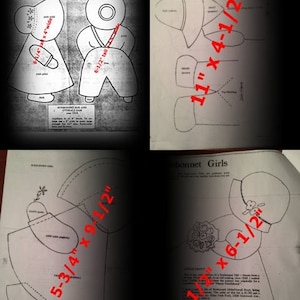 May include: Four vintage quilt patterns for making doll clothes. The patterns are printed on white paper with black lines. The patterns include a sunbonnet girl, a overalls boy, a sunbonnet girl with a bouquet, and a sunbonnet girl with a basket. The patterns include measurements in inches.