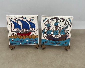 4" Decorative Ceramic Tile, Collectible Tiles, Set of 2 Handpainted Sea Tiles, Sea Ship Design Tile Set, Mini Decor Tiles Set, Pottery Tiles