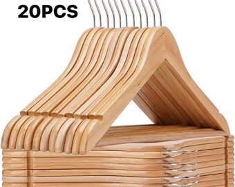 20pcs Wooden Clothes Hangers With Grooves, Solid Wood Drying Rack For Wardrobes, Bedrooms, Storage Organizer For Bedroom, Closet