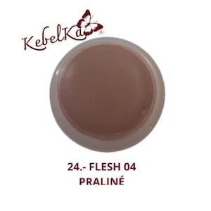 May include: A round, flesh-toned cosmetic product in a clear container. The product is labeled "24.- FLESH 04 PRALINÉ" in black text. The brand logo, "KebellKa" with a butterfly, is in the upper left corner.