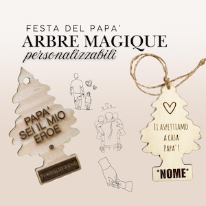 Può includere: Due addobbi per l'albero di Natale in legno con un tema dedicato alla Festa del Papà. Il primo addobbo ha il testo "Papa' Sei il mio Eroe" e "Ti Voglio Bene". Il secondo addobbo ha il testo "Ti Aspettiamo a Casa Papa!" e "*Nome*".