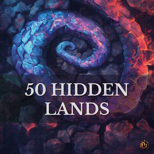 Op de afbeelding: Een digitale illustratie van een draaiende, blauwe en paarse rotsformatie met een rode en oranje gloed. De tekst "BATTLE MAPS for TTRPG 50 HIDDEN LANDS" is over de afbeelding gelegd.