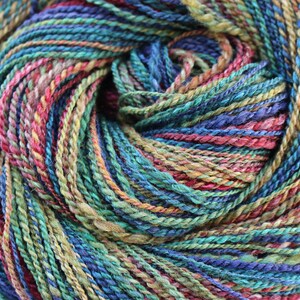 Hand spun BFL wool silk yarn, Walk in the Woods, 2 ply DK weight yarn, hat and mitten yarn, sweater yarn, blue green and red yarn