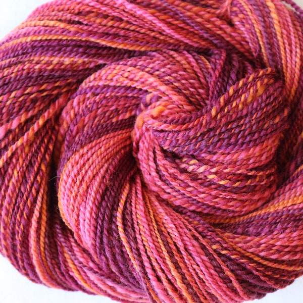 Hand spun BFL wool, Jam & Jelly, 2 ply DK weight, soft shawl yarn, baby sweater yarn, hat and mitten yarn, jewel tone colors