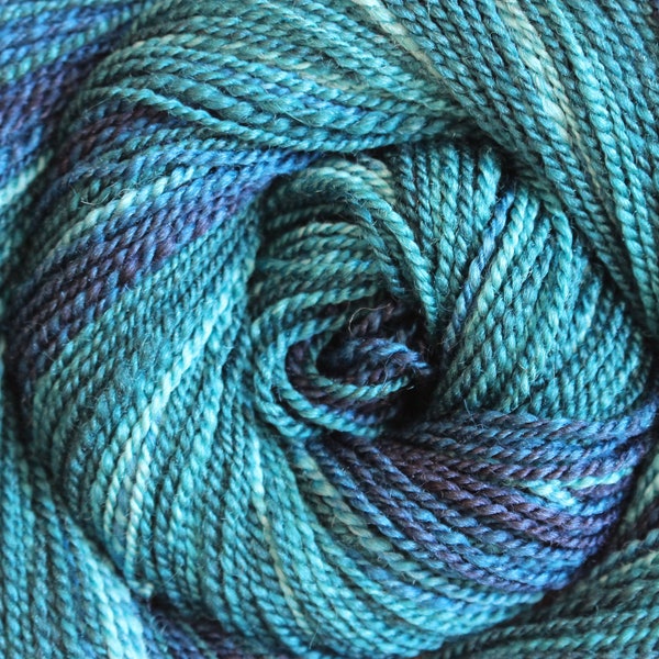Hand spun BFL wool silk, Deep Deep, 2 ply DK weight yarn, blue yarn, knit shawl yarn, hat and mitten yarn, sweater yarn