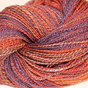 Hand spun BFL wool and silk, Throwback, 2 ply DK weight yarn, shawl yarn, sweater yarn, warm gold and purple yarn