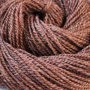 May include: Close-up of a skein of brown yarn with a subtle reddish hue. The yarn is tightly wound and has a soft, fuzzy texture.