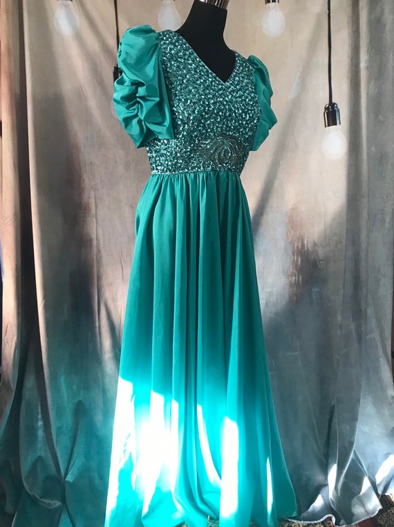 Vintage Gown, Turquoise Gown, 1960s formal dress,