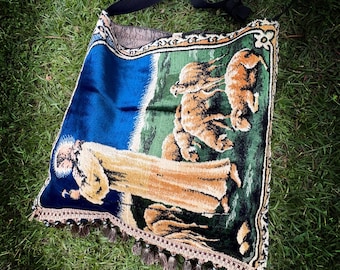 Vintage Religious Tapestry Market Tote – Oversized Weekender Statement Bag with Tassel Trim | One of a Kind