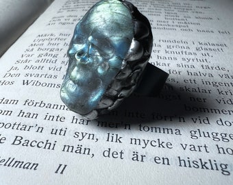 The Lab Skull Ring, carved labradorite ring,  unique statement ring, adjustable ring