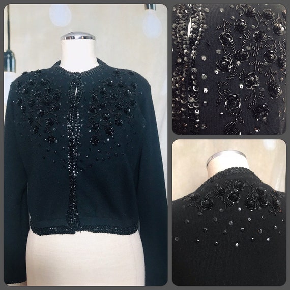 Vintage Black Sequin Cardigan, Vintage Cardigan, M