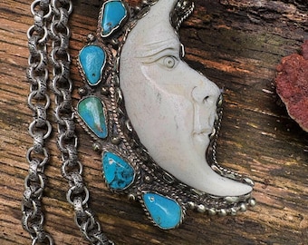 The Moon Guardian, Bone and Turquoise Talisman Pendant Necklace