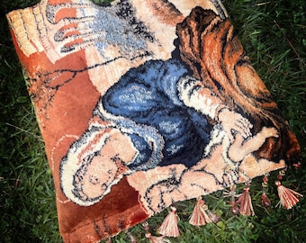 Vintage Religious Tapestry Market Tote – Oversized Weekender Statement Bag with Tassel Trim | One of a Kind