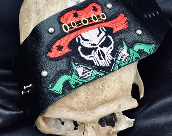 Leather Cuff, Black Leather Cuff, Handmade Leather Cuff, Skull Bracelet, Skull Cuff
