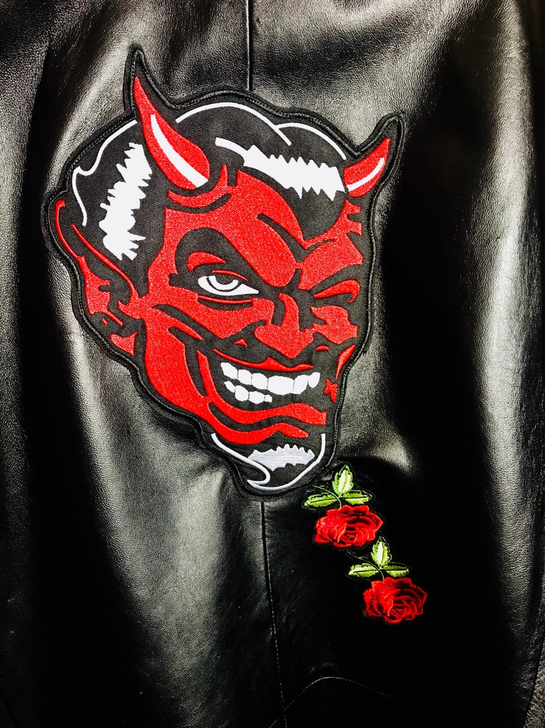 Patch Jacket Back Patch Mens Black Leather Jacket With Devil Etsy