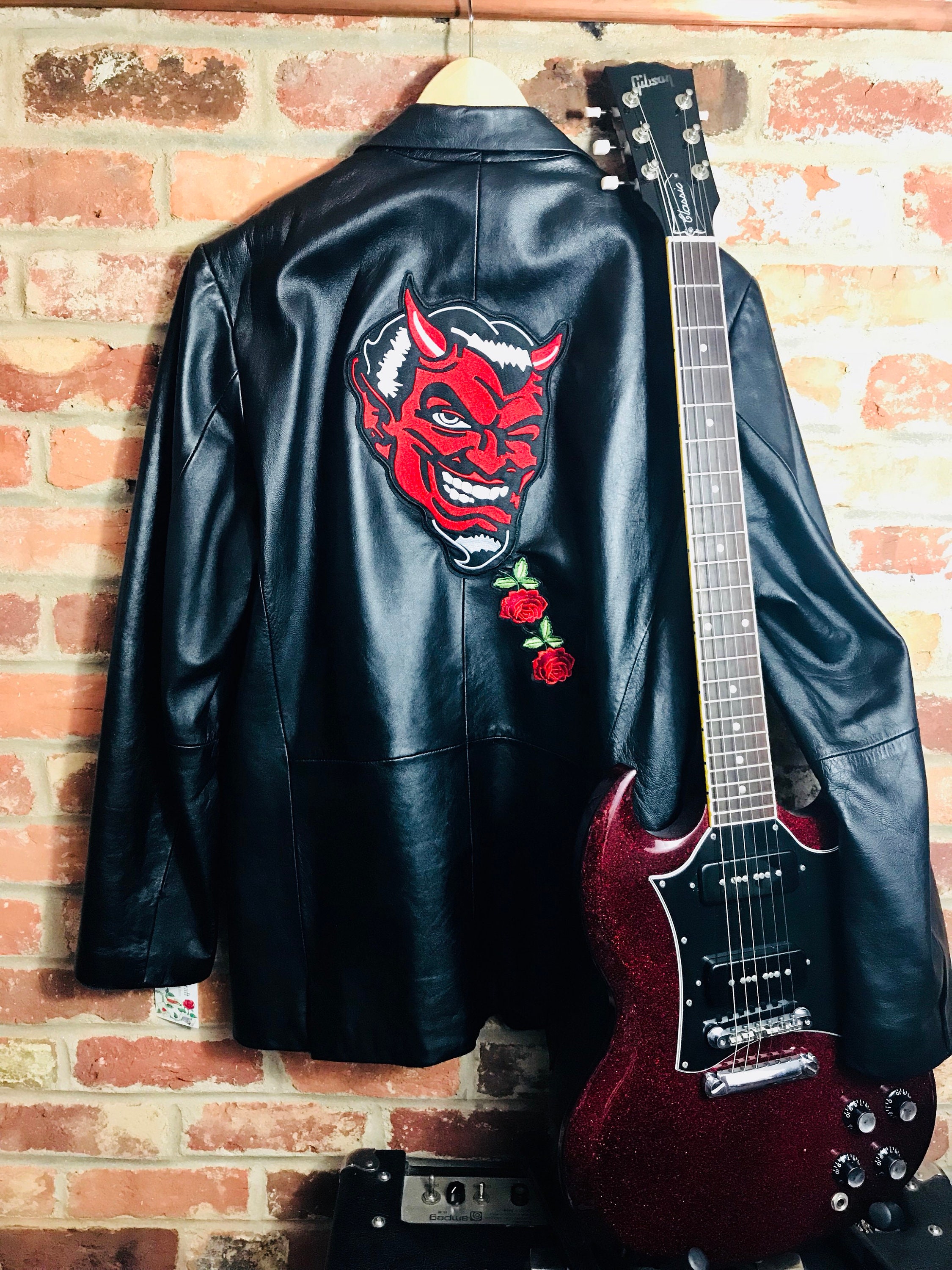 Patch Jacket Back Patch Mens Black Leather Jacket with Devil Etsy