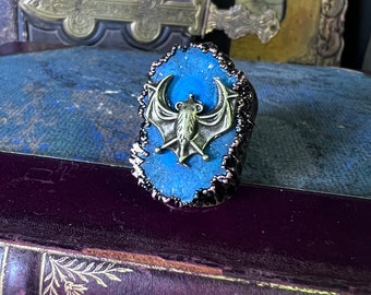 The Blue Bat Ring, Witch Ring, Geode Adjustable Ring