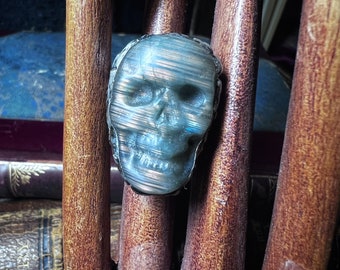 The Lab Skull Ring, carved labradorite ring,  unique statement ring, adjustable ring