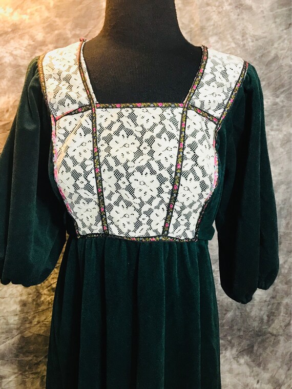 Vintage Prairie Dress/Green Velour Dress / Size Sm