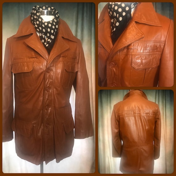 Mens Vintage 70s Leather Jacket, Size 38 Mens leat