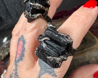 The Nosferatu, Witch Ring, Raw Black Tourmaline Ring, Adjustable Ring